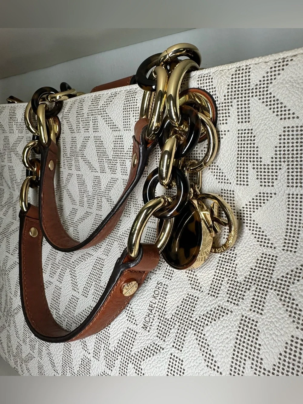 Michael Kors Cream Signature MK Logo Tote with Brown Leather Trim
